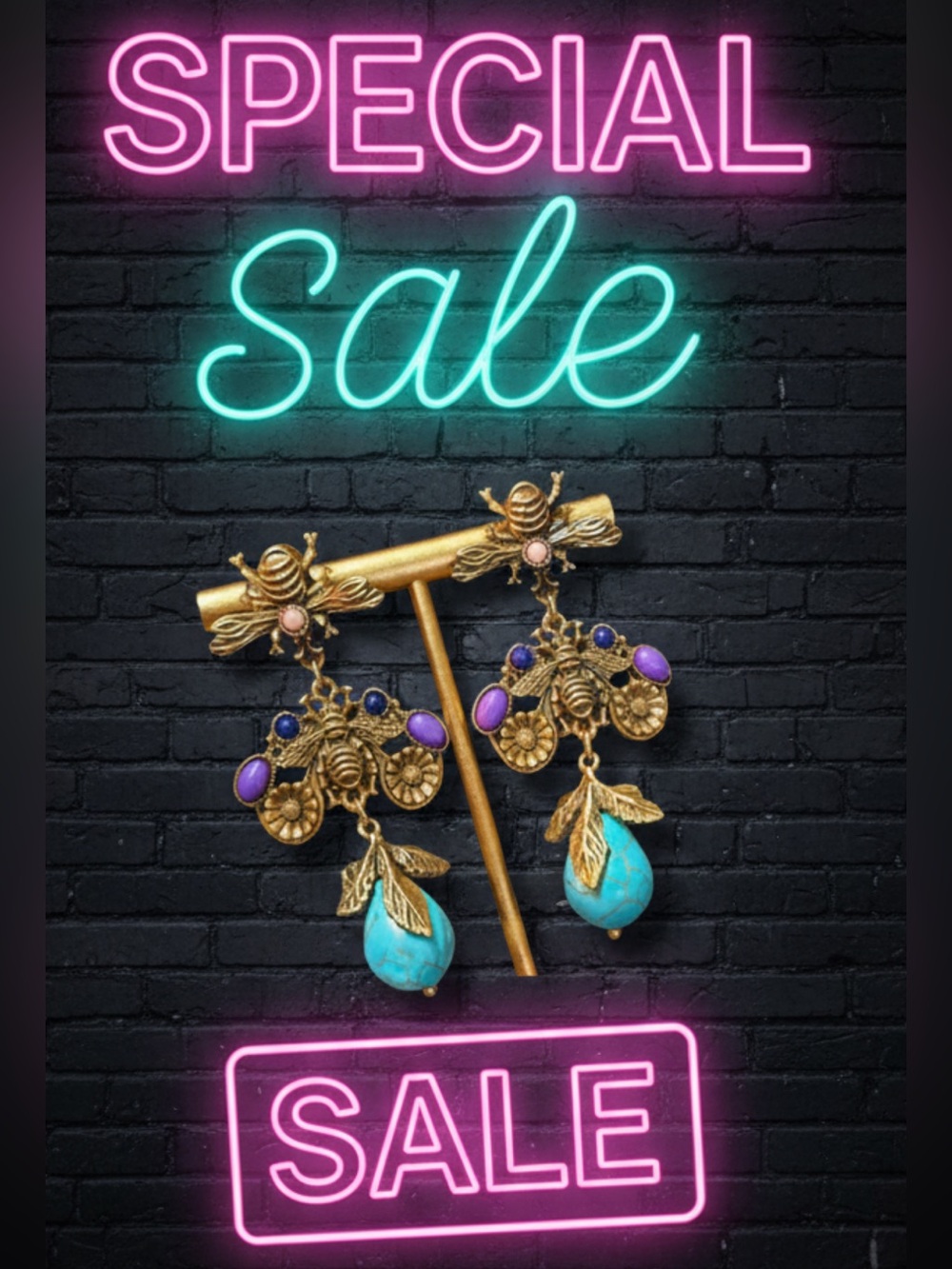 Stunning Gold tone Bee Drop Earrings with Turquoise and Purple Accents